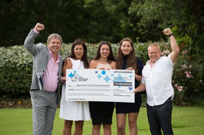 030816 -  EuroMillions Lottery Winners, Newport - EuroMillions Jackpot winners, left to right, Keith Reynolds, Sonia Davies, Stephanie Davies, Courtney Davies and Steve Powell celebrate their £61 million pound jackpot win