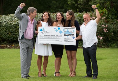 030816 -  EuroMillions Lottery Winners, Newport - EuroMillions Jackpot winners, left to right, Keith Reynolds, Sonia Davies, Stephanie Davies, Courtney Davies and Steve Powell celebrate their £61 million pound jackpot win