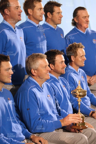 29.09.10.. European Ryder Cup Team Photocall, Ryder Cup 2010, Celtic Manor, Newport -  European Ryder Cup Team Captain, Colin Montgomerie with the Ryder Cup and members of his team during the team photocall 