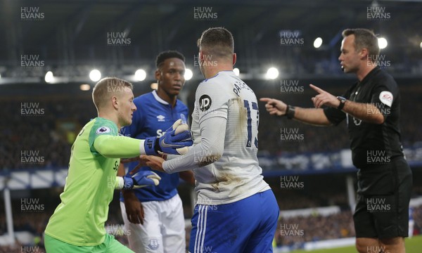 241118 - Everton v Cardiff City - Premier League -  Callum Paterson of Cardiff and Terry Mina of Everton tussle on goal line for the ball which is given to Callum Paterson and have to be separated by Goalkeeper Jordan Pickford of Everton and referee Tierney