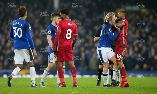181217 - Everton v Swansea City, Premier League - Players square up to one another after Jordan Ayew of Swansea City is brought down