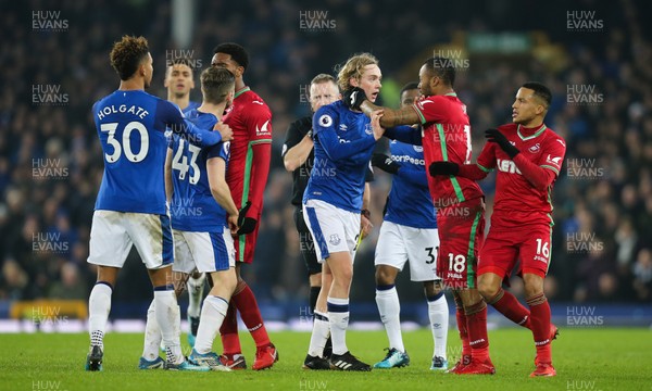 181217 - Everton v Swansea City, Premier League - Players square up to one another after Jordan Ayew of Swansea City is brought down