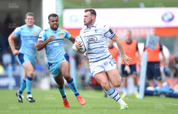 180818 - Exeter Chiefs v Cardiff Blues - Preseason Friendly - Owen Lane of Cardiff Blues gets into space