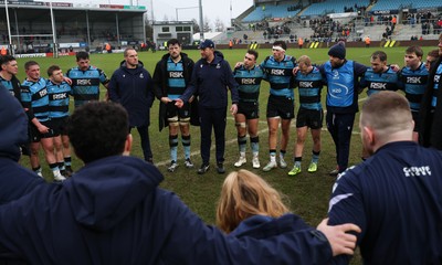 180126 - Exeter Chiefs v Cardiff Rugby - EPCR Challenge Cup - Cardiff Rugby head coach Corniel van Zyl speaks to the players at the end of the match