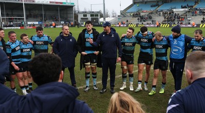 180126 - Exeter Chiefs v Cardiff Rugby - EPCR Challenge Cup - Cardiff Rugby head coach Corniel van Zyl speaks to the players at the end of the match