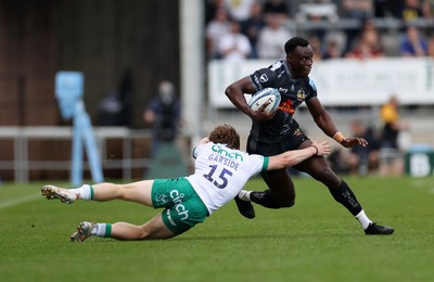 110525 - Exeter Chiefs v Northampton Saints - Gallagher Premiership - Paul Brown-Bampoe of Exeter is tackled by Jake Garside of Northampton 