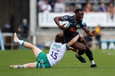 110525 - Exeter Chiefs v Northampton Saints - Gallagher Premiership - Paul Brown-Bampoe of Exeter is tackled by Jake Garside of Northampton 