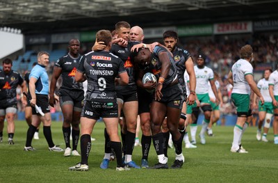 110525 - Exeter Chiefs v Northampton Saints - Gallagher Premiership - Paul Brown-Bampoe of Exeter celebrates scoring a try with team mates