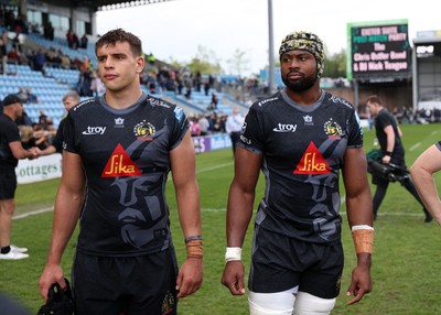 110525 - Exeter Chiefs v Northampton Saints - Gallagher Premiership - Dafydd Jenkins and Christ Tshiunza of Exeter at full time