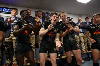 110525 - Exeter Chiefs v Northampton Saints - Gallagher Premiership - Nick Lilley of Exeter celebrates in the dressing after his debut for the club