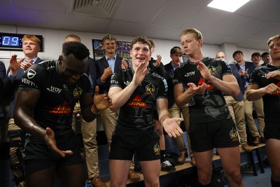 110525 - Exeter Chiefs v Northampton Saints - Gallagher Premiership - Nick Lilley of Exeter celebrates in the dressing after his debut for the club