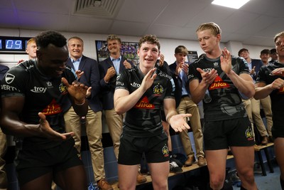 110525 - Exeter Chiefs v Northampton Saints - Gallagher Premiership - Nick Lilley of Exeter celebrates in the dressing after his debut for the club