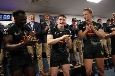 110525 - Exeter Chiefs v Northampton Saints - Gallagher Premiership - Nick Lilley of Exeter celebrates in the dressing after his debut for the club