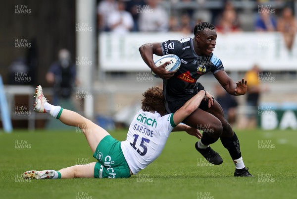 110525 - Exeter Chiefs v Northampton Saints - Gallagher Premiership - Paul Brown-Bampoe of Exeter is tackled by Jake Garside of Northampton 