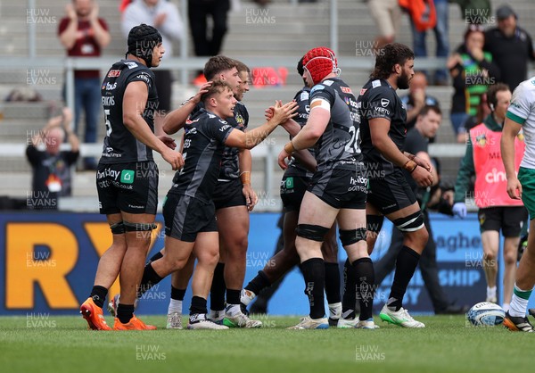 110525 - Exeter Chiefs v Northampton Saints - Gallagher Premiership - Martin Moloney of Exeter celebrates scoring a try with team mates