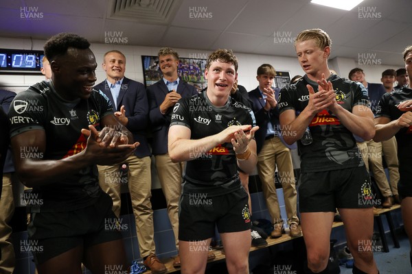 110525 - Exeter Chiefs v Northampton Saints - Gallagher Premiership - Nick Lilley of Exeter celebrates in the dressing after his debut for the club