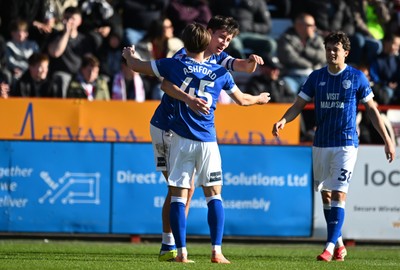140326 - Exeter City v Cardiff City - Sky Bet League 1 - Rubin Colwill of Cardiff City celebrates after scoring their sides second goal 