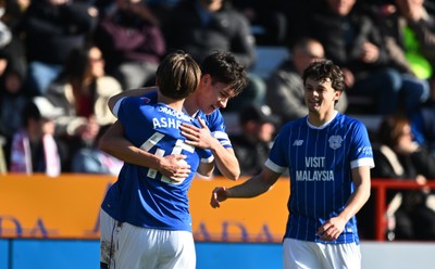 140326 - Exeter City v Cardiff City - Sky Bet League 1 - Rubin Colwill of Cardiff City celebrates after scoring their sides second goal 