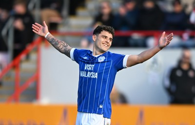 140326 - Exeter City v Cardiff City - Sky Bet League 1 - Alex Robertson of Cardiff City celebrates after scoring their sides third goal 