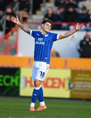140326 - Exeter City v Cardiff City - Sky Bet League 1 - Alex Robertson of Cardiff City celebrates after scoring their sides third goal 