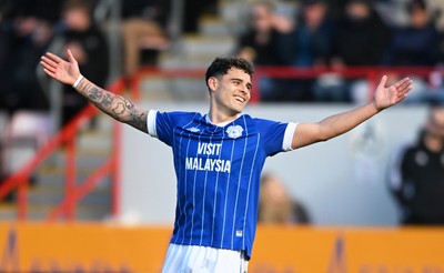 140326 - Exeter City v Cardiff City - Sky Bet League 1 - Alex Robertson of Cardiff City celebrates after scoring their sides third goal 