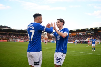 140326 - Exeter City v Cardiff City - Sky Bet League 1 - Callum Robinson of Cardiff City celebrates after scoring their sides fourth goal with team mate Cian Ashford