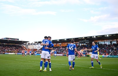 140326 - Exeter City v Cardiff City - Sky Bet League 1 - Callum Robinson of Cardiff City celebrates after scoring their sides fourth goal with team mates