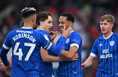 140326 - Exeter City v Cardiff City - Sky Bet League 1 - Callum Robinson of Cardiff City celebrates after scoring their sides fourth goal with team mates