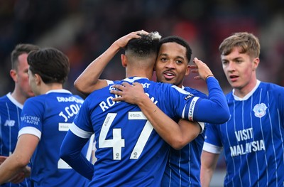 140326 - Exeter City v Cardiff City - Sky Bet League 1 - Callum Robinson of Cardiff City celebrates after scoring their sides fourth goal with team mates