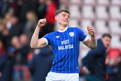 140326 - Exeter City v Cardiff City - Sky Bet League 1 - Dylan Lawlor of Cardiff City celebrates at the final whistle