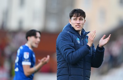 140326 - Exeter City v Cardiff City - Sky Bet League 1 - Rubin Colwill of Cardiff City applauds the fans at the final whistle