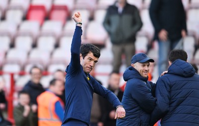 140326 - Exeter City v Cardiff City - Sky Bet League 1 - Brian Barry-Murphy, Manager of Cardiff City applauds the fans at the final whistle