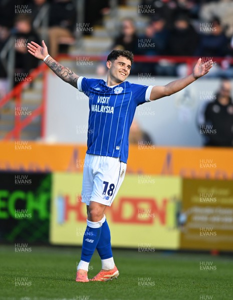140326 - Exeter City v Cardiff City - Sky Bet League 1 - Alex Robertson of Cardiff City celebrates after scoring their sides third goal 