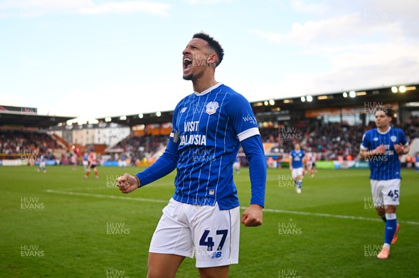 140326 - Exeter City v Cardiff City - Sky Bet League 1 - Callum Robinson of Cardiff City celebrates after scoring their sides fourth goal 