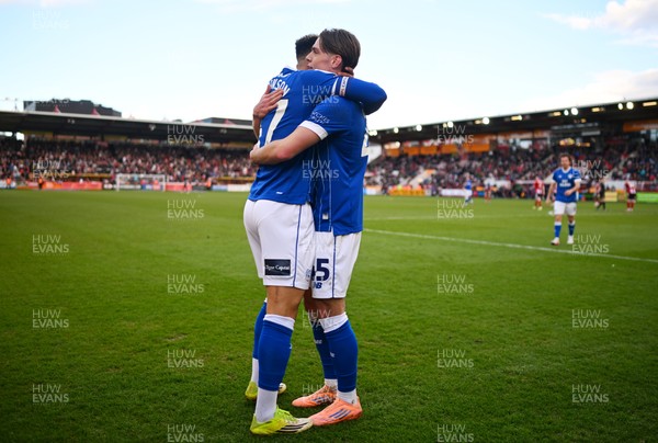 140326 - Exeter City v Cardiff City - Sky Bet League 1 - Callum Robinson of Cardiff City celebrates after scoring their sides fourth goal with team mate Cian Ashford