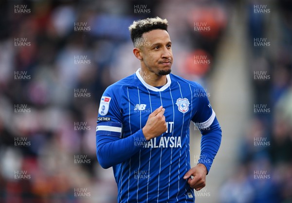 140326 - Exeter City v Cardiff City - Sky Bet League 1 - Callum Robinson of Cardiff City celebrates after scoring their sides fourth goal 