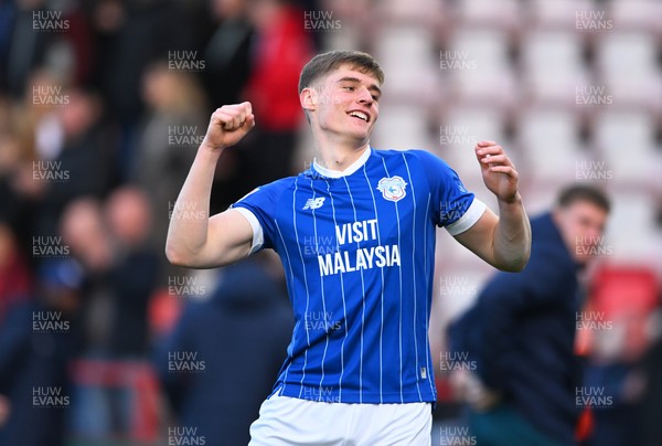 140326 - Exeter City v Cardiff City - Sky Bet League 1 - Dylan Lawlor of Cardiff City celebrates at the final whistle