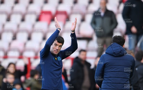 140326 - Exeter City v Cardiff City - Sky Bet League 1 - Brian Barry-Murphy, Manager of Cardiff City applauds the fans at the final whistle