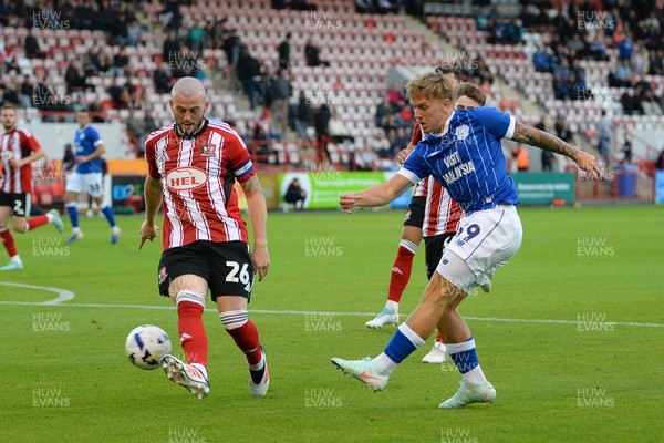 160925 - Exeter City v Cardiff City - Vertu Trophy - Isaak Davies of Cardiff City has a shot on goal