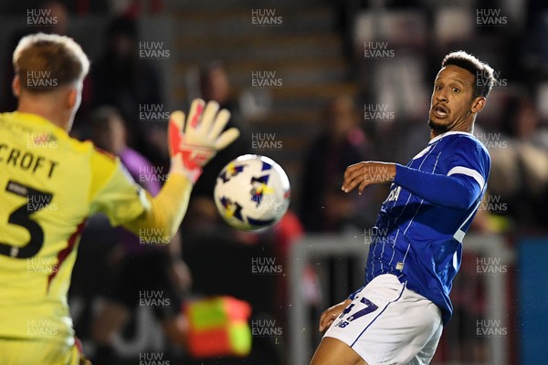 160925 - Exeter City v Cardiff City - Vertu Trophy - Callum Robinson of Cardiff City has a shot on goal