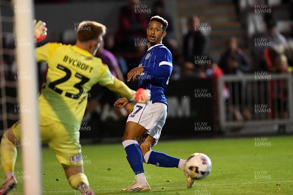 160925 - Exeter City v Cardiff City - Vertu Trophy - Callum Robinson of Cardiff City has a shot on goal