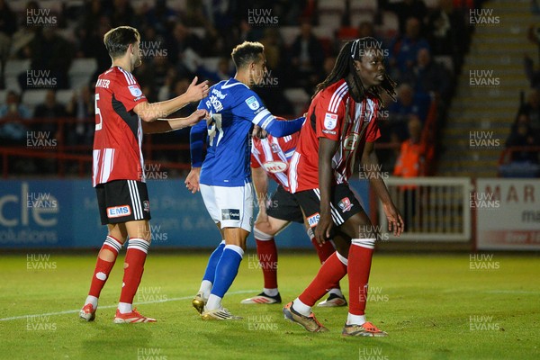 160925 - Exeter City v Cardiff City - Vertu Trophy - Callum Robinson of Cardiff City heads the ball to score the first goal of the game