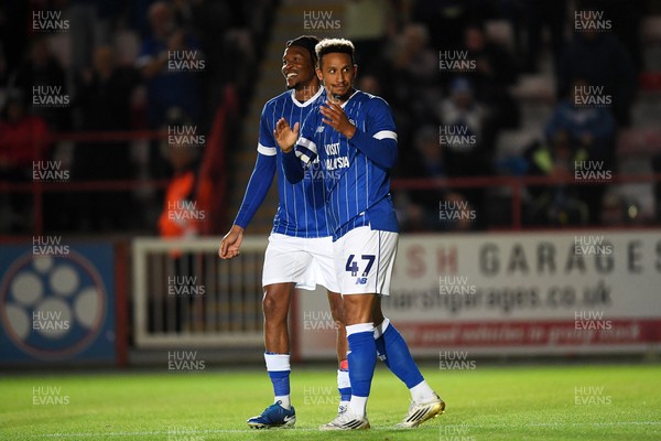 160925 - Exeter City v Cardiff City - Vertu Trophy - Callum Robinson of Cardiff City celebrates scoring a goal with team mates 