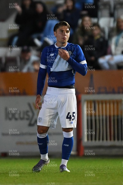 160925 - Exeter City v Cardiff City - Vertu Trophy - Cian Ashford of Cardiff City is given a second yellow card and sent off late in the game