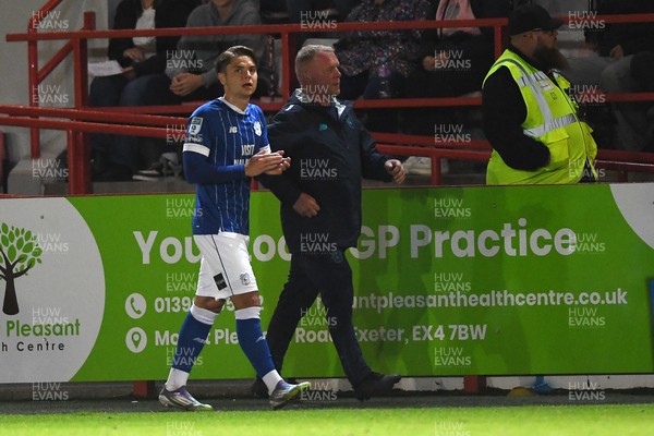 160925 - Exeter City v Cardiff City - Vertu Trophy - Cian Ashford of Cardiff City is given a second yellow card and sent off late in the game