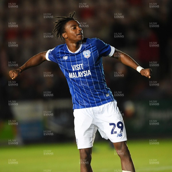 160925 - Exeter City v Cardiff City - Vertu Trophy - Tanatswa Nyakuhwa of Cardiff City celebrates the win at full time