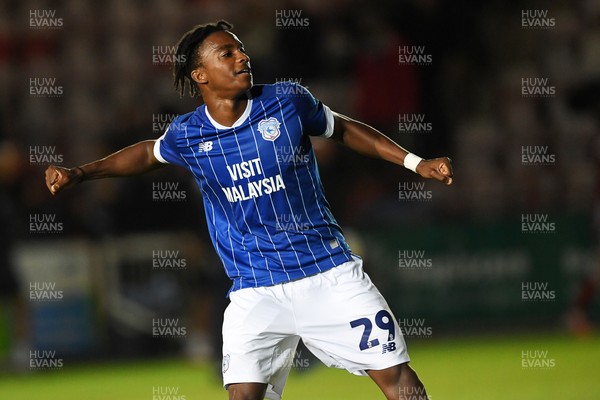160925 - Exeter City v Cardiff City - Vertu Trophy - Tanatswa Nyakuhwa of Cardiff City celebrates the win at full time