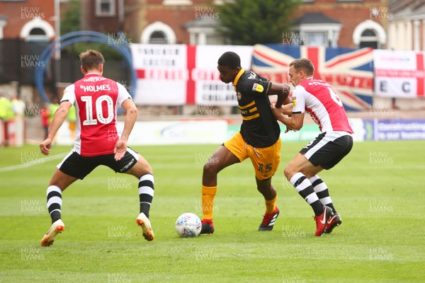 180818 - Exeter City v Newport County - EFL SkyBet League 2 - Tyreeq Bakinson of Newport County takes on Jordan Tillson and Lee Holmes (10) of Exeter City 