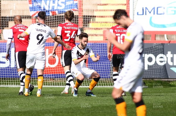 240421 - Exeter City v Newport County - Sky Bet League 2 - Josh Sheehan of Newport County sees his shot saved
