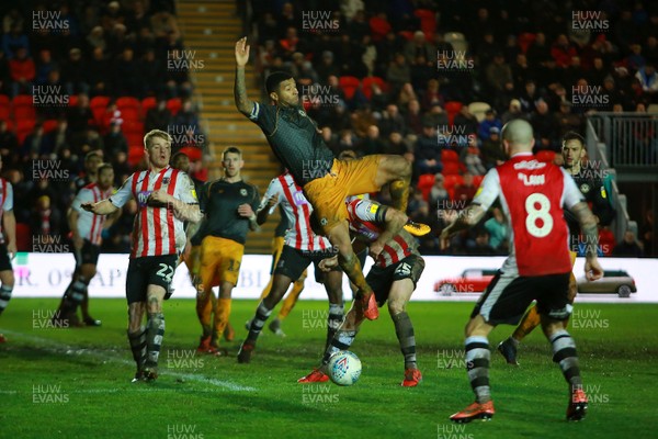 261219 - Exeter City v Newport County - EFL SkyBet League 2 - Joss Labadie of Newport County attempts a header at goal 